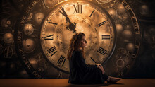 woman sitting in front of the clock