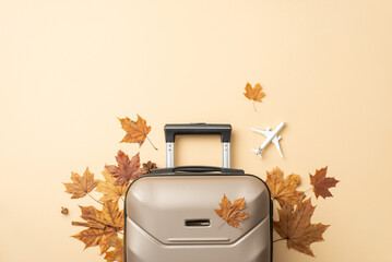 Autumn travel dreams. An aerial shot showcasing a gray suitcase surrounded by maple leaves and plane model laid out on a peaceful beige background, ideal for your promotional or textual needs