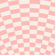 © Viktoriia - Orange distorted checkerboard background. Retro psychedelic checkered wallpaper. Wavy groovy chessboard surface. Trippy twisted geometric pattern. Abstract vector backdrop