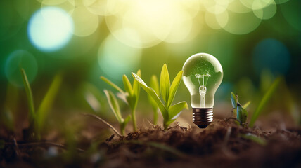 Wall Mural - green energy saving light bulb with green leaf on the ground