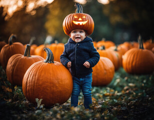 Halloween. Child with a pumpkin. AI illustration