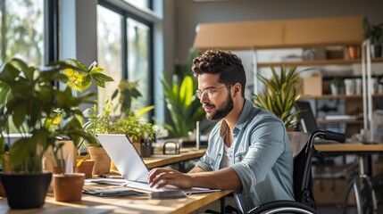 Disability person, young hispanic man at office. Generative AI