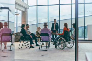 Wall Mural - A diverse group of young business entrepreneurs gathered in a circle for a meeting, discussing corporate challenges and innovative solutions within the modern confines of a large corporation