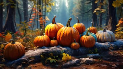 Wall Mural - Autumn arrangement with different coloured pumpkins. Generative Ai