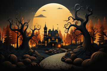 Halloween background - magical forest with lanterns and bats, glowing pumpkins, full moon, cemetery, haunted houses, fog