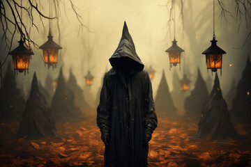 Halloween background - magical forest with lanterns and bats, glowing pumpkins, full moon, cemetery, haunted houses, fog