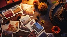 Collection Of Vintage Autumn-themed Postcards, Stamps, And Letters On A Dark Oak Table.