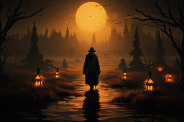 Halloween background - magical forest with lanterns and bats, glowing pumpkins, full moon, cemetery, haunted houses, fog