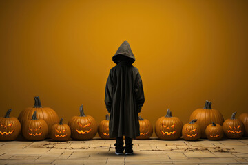 Wall Mural - Halloween orange background, a man without a face in black clothes with a hood and beautiful carved glowing pumpkins on the floor