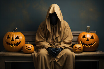 Wall Mural - Halloween background, a man in yellow clothes with a hood surrounded by beautiful carved pumpkins sits on a bench