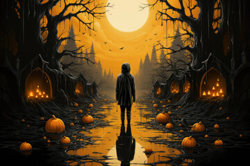 Wall Mural - Halloween background - magical forest with lanterns and bats, glowing pumpkins, full moon, cemetery, haunted houses, fog