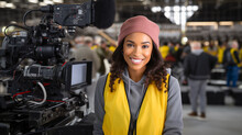 The director of photography is a african american woman behind a video camera on the set. A professional videographer at work on the filming of a movie.