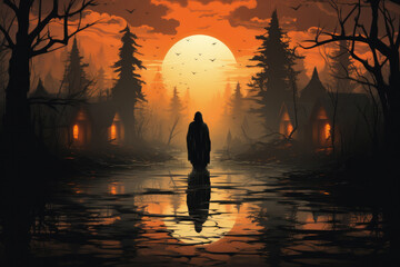 Wall Mural - Halloween background - magical forest with lanterns and bats, glowing pumpkins, full moon, cemetery, haunted houses, fog