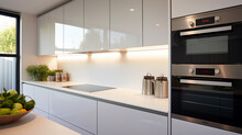 modern fitted kitchen units within a new home, AI Generative.