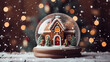 Gingerbread house inside a snow globe, holiday season decorations, small gingerbread people, snowing in the background. Generative AI