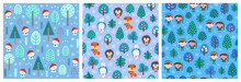 Christmas Seamless Pattern Collection Baby Blue Background. Winter Repeat Design With Cute Woodland Animals, Elves And Snowman. For Xmas Wrapping Paper, Fabric Print, Textile Design, Scrapbook Paper.
