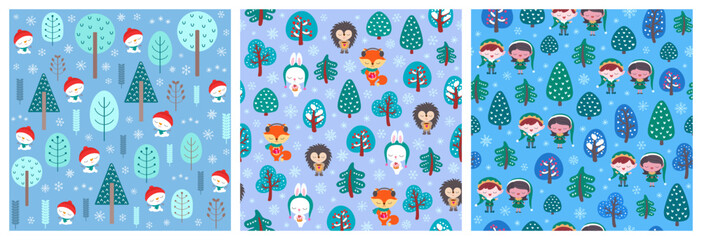 Wall Mural - Christmas seamless pattern collection baby blue background. Winter repeat design with cute woodland animals, elves and snowman. For Xmas wrapping paper, fabric print, textile design, scrapbook paper.