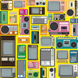 © Wasitt - Colorful retro calculators, televisions, tape, cassette players and radio flat design vector illustration on yellow background.