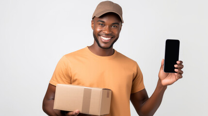 Happy positive delivery guy holding a package and a smartphone isolated on white background , man online shopping concept