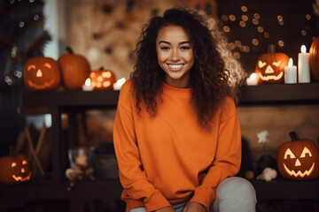 Wall Mural - Pretty smiling model dressed with an orange mock-up sweatshirt , oversized sweater Mockup in feminine halloween decorated room