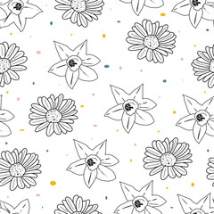 Wall Mural - Floral seamless pattern with narcissus and Chamomile flowers. Hand drawn beautiful textile floral background with daffodils, camomile and doodle colorful dots on white background. Vector illustration