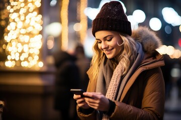 Wall Mural - Portrait of a beautiful young woman smiling while using a smartphone on the street at night in winter.