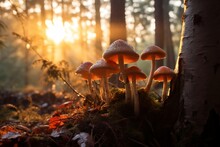 Forest Mushrooms In Sunset Light