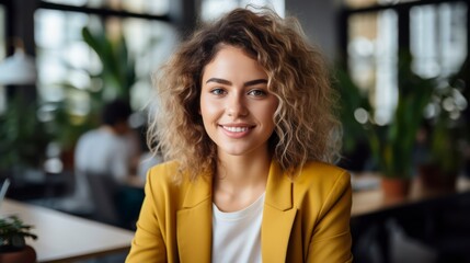 Wall Mural - beautiful happy woman in yellow jacket