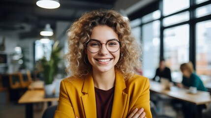 Wall Mural - beautiful happy woman in yellow jacket