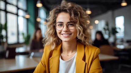 Wall Mural - beautiful happy woman in yellow jacket