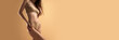 © Lustre Art Group  - Banner. Poster. Cropped photo of young slim beautiful girl wearing beige color underwear posing over brown background.