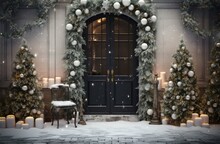 Christmas Door Outside Pine Decor. Generate Ai