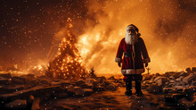 Santa Cluas Standing In Front Of A Burning Christmas Tree, Fire Inferno At Christmas Eve, Horror Christmas