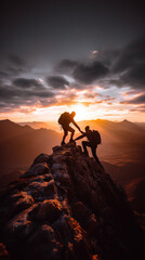 Mountain top scene with hiker helping friend reach the top