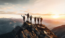 A group of friends holding hands near the summit of a mountain, symbolizing teamwork and collective achievement