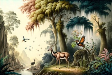  Jungle wallpaper, tropical forests with valleys, deer, colorful birds and butterflies, Generative AI