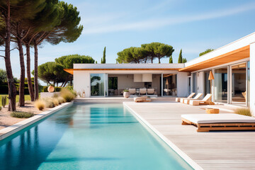 Luxury modern vacation home with a swimming pool. Sunbeds, relaxing vacation Mediterranean	