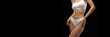 © Lustre Art Group  - banner. Cropped photo of young beautiful woman body, buttocks in white color lingerie isolated over black background.