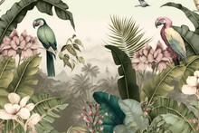 Wallpaper Vintage Jungle Style With Parrot Birds, Palms And Flowers With Pink Background Pattern, Generative AI