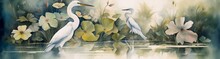 Watercolor Drawing Of A Water Heron With Lotus Plants In The Lake For A Natural View And Quiet Colors, Generative AI