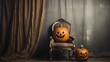 Halloween Still Life: A Photo of a Carved Pumpkin on a Wooden Chair with a Gray Curtain Generative AI