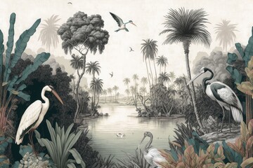  wallpaper vintage oasis style with birds, egrets, palms and flowers with sky background for an ancient landscape, Generative AI