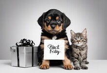 Puppy Dog And Cat Pets Together Showing Gift Card With Black Friday And Cyber Monday Text On Background Blank Template And Copy Space