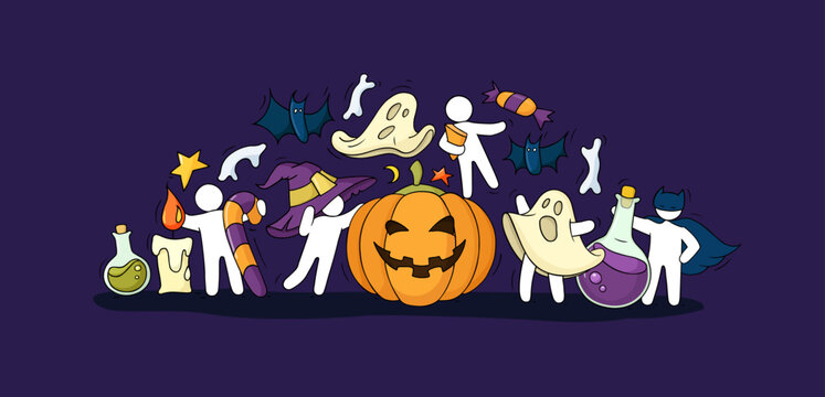 Wall Mural -  - Halloween banner with pumpkin, candies and ghosts