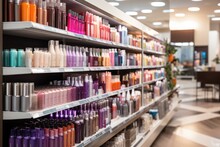 Modern And Colorful Display Case In A Cosmetics Boutique With A Variety Of Hair Care Products.