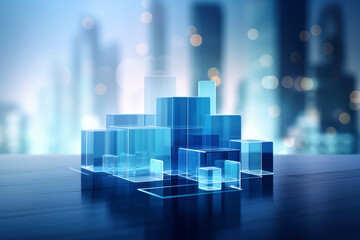 Poster - Blue glass Office Charts & Financial Analysis for Corporate Success on office background, Explore global financial trends with blue charts and graphs for corporate success and profit analysis