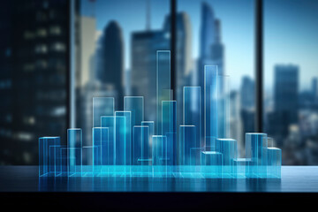 Poster - Blue glass Office Charts & Financial Analysis for Corporate Success on office background, Explore global financial trends with blue charts and graphs for corporate success and profit analysis