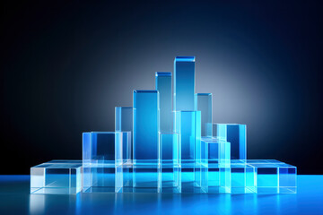 Poster - Blue glass Office Charts & Financial Analysis for Corporate Success, Explore global financial trends with blue charts and graphs for corporate success and profit analysis