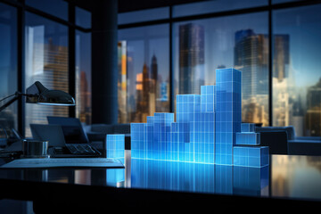 Poster - Blue glass Office Charts & Financial Analysis for Corporate Success on office background, Explore global financial trends with blue charts and graphs for corporate success and profit analysis