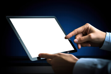 professional business using a modern touchscreen tablet in a blank office space, demonstrating the intersection of technology and work
